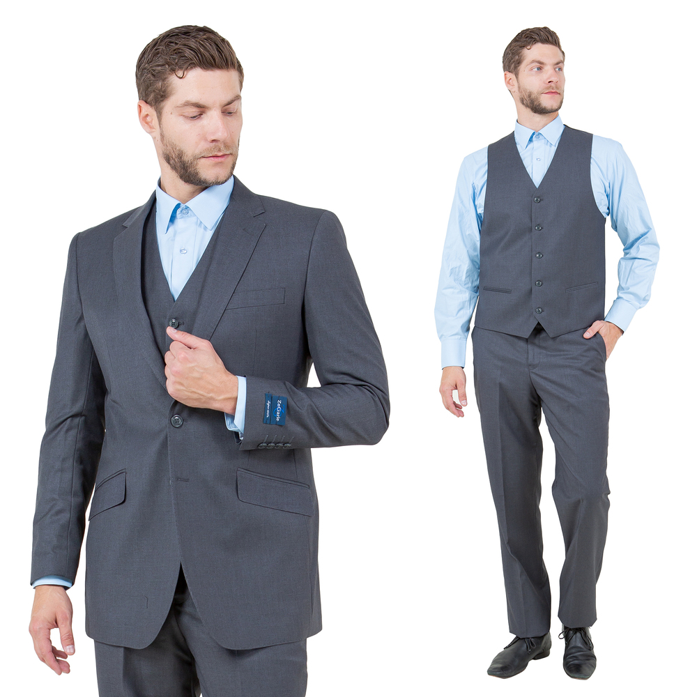 Modern Fit 3pc Wool Mens Suit Set by ZeGarie, Dark Grey